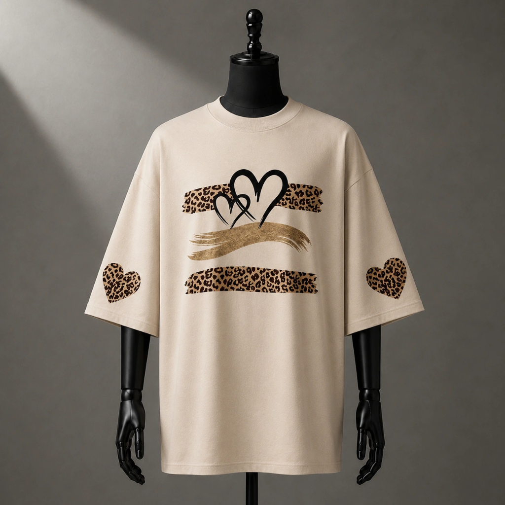 Leopard Heart Brushed Graphic Oversized Tee