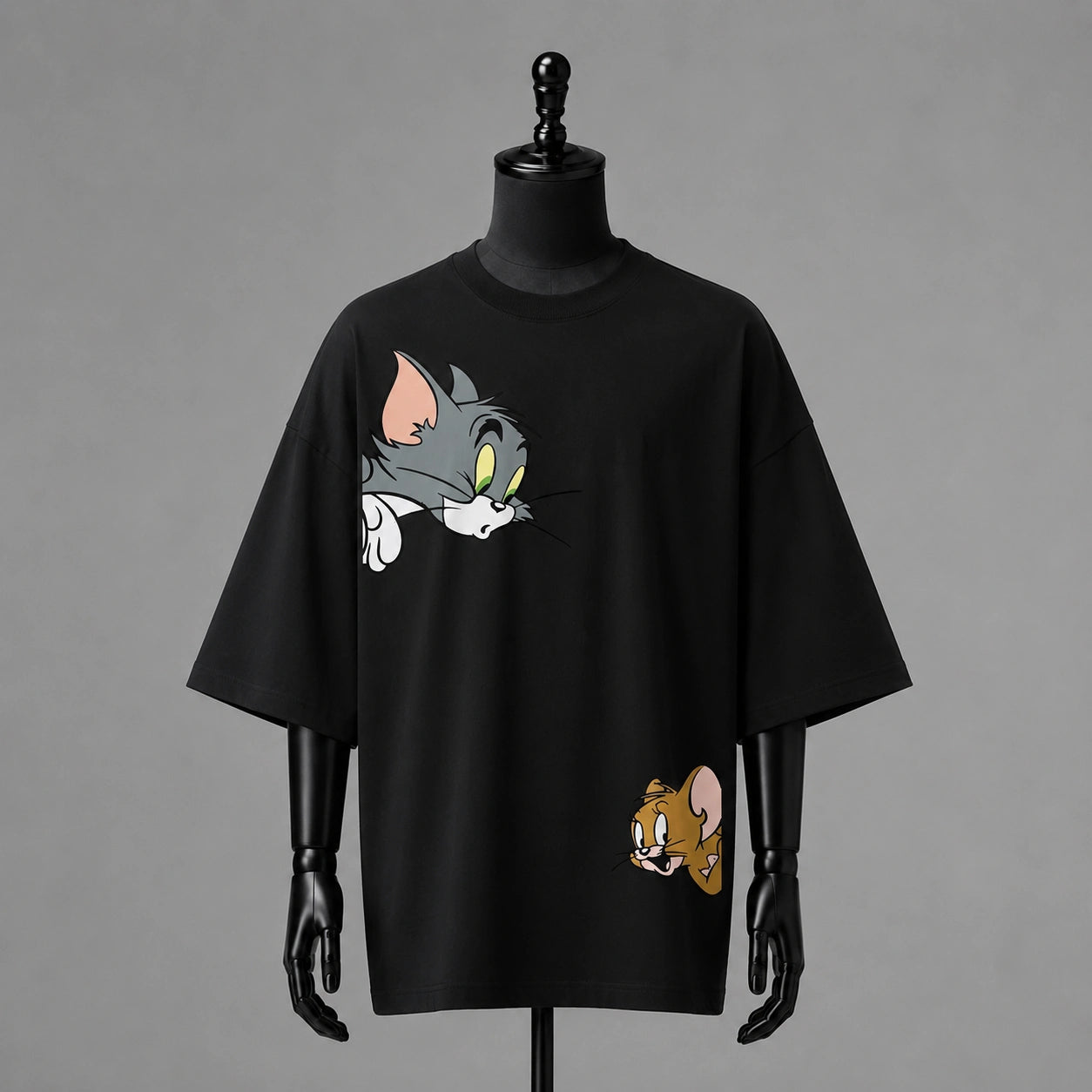 Tom & Jerry Printed Black Oversized T-Shirt