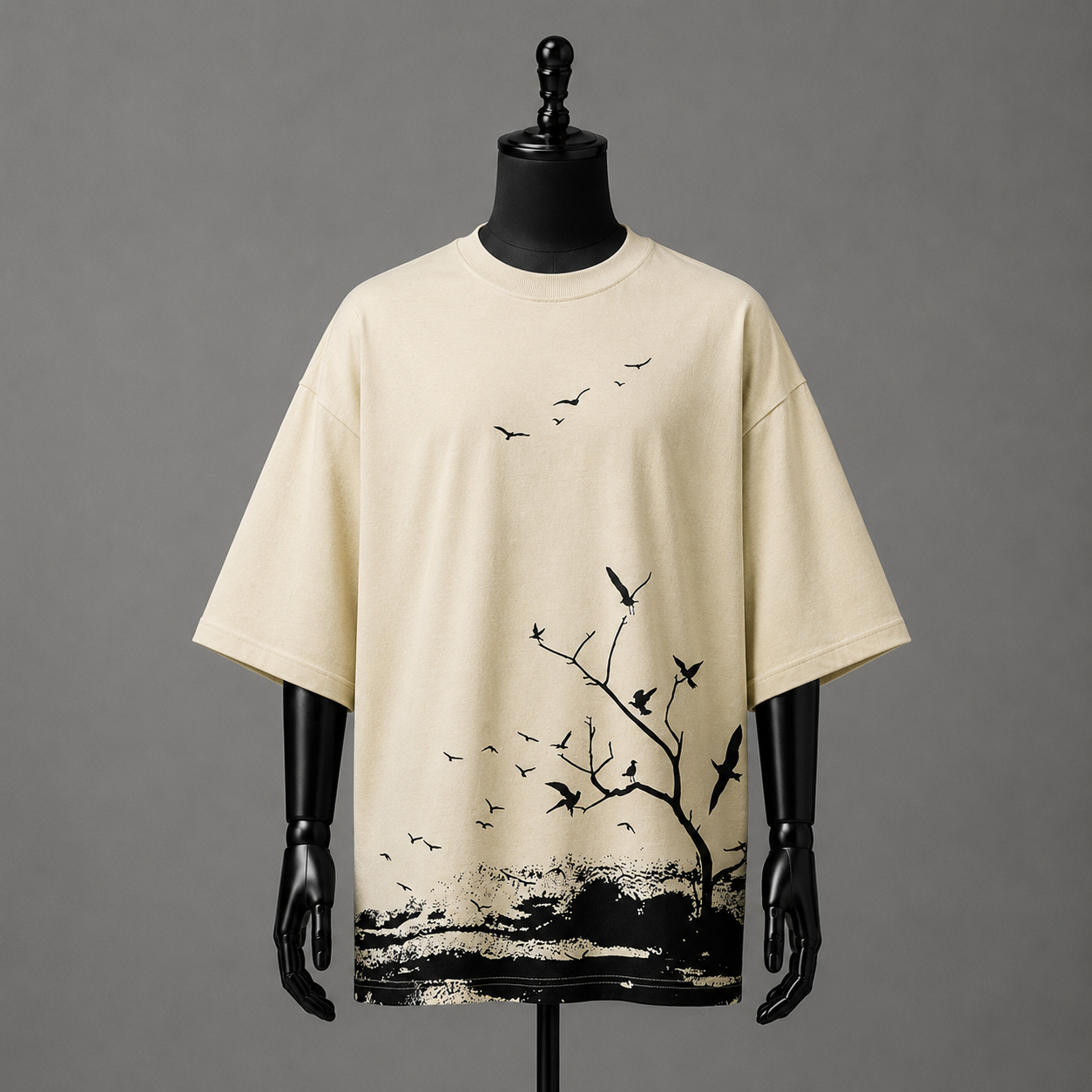 Birds & Nature Graphic Printed Cream Oversized T-Shirt