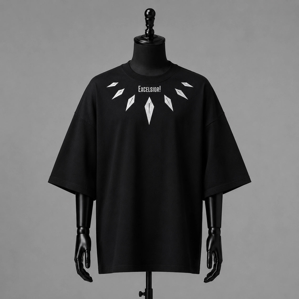 Black Panther "Excelsior!" Printed Black Oversized T-Shirt