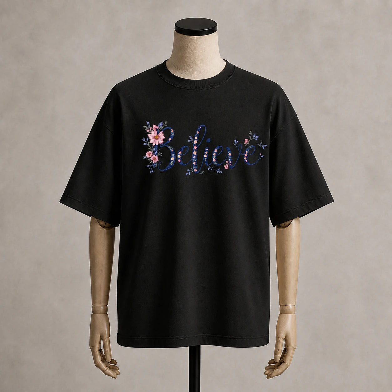Believe Floral Oversized Black T-Shirt