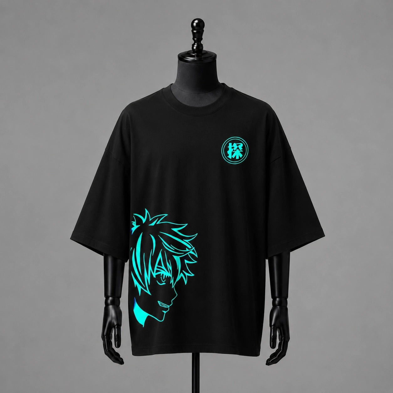 Neon Cyan Anime Graphic Oversized Black T-Shirt