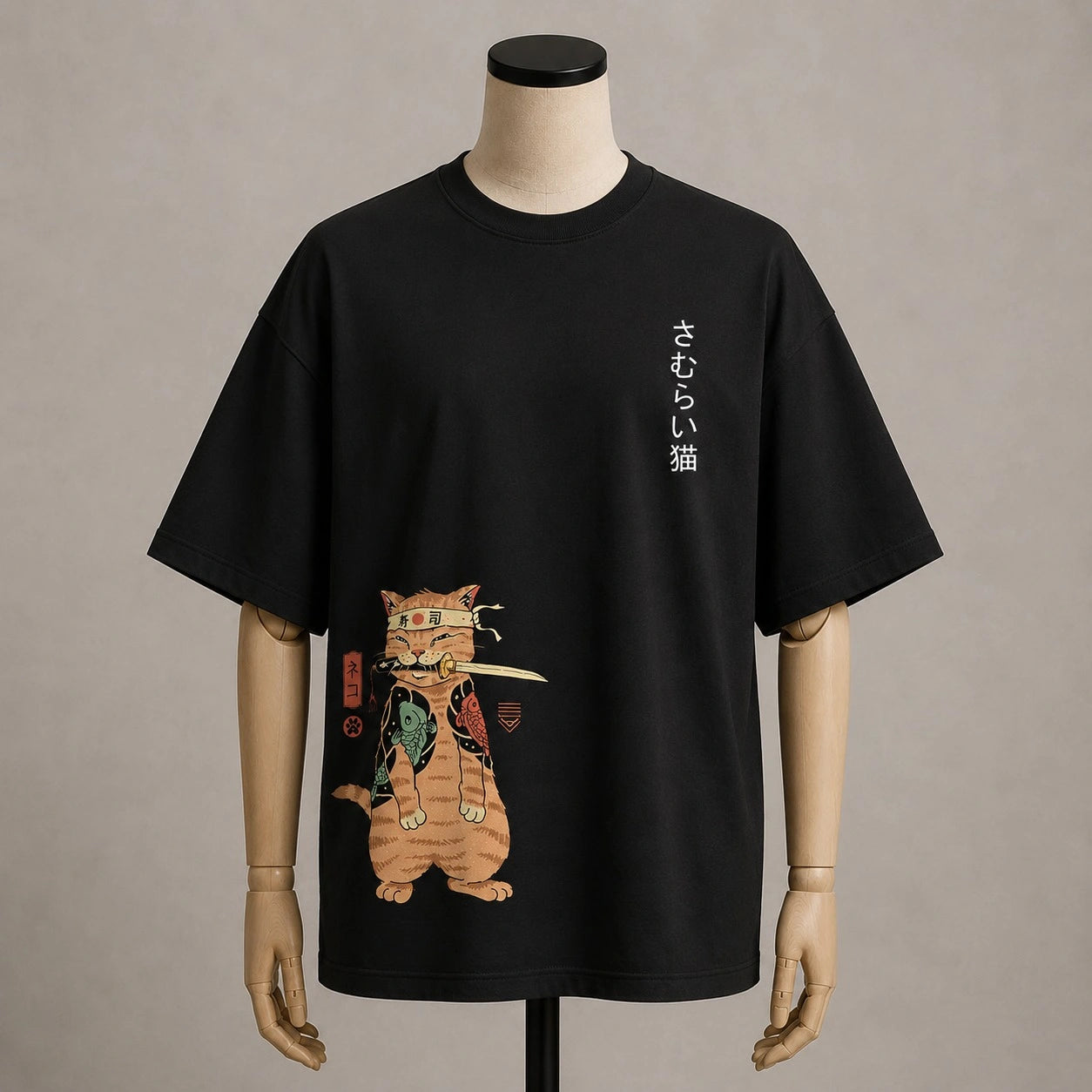 Samurai Cat | Japanese Aesthetic Black Graphic Oversized Tee
