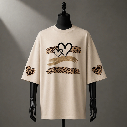 Leopard Heart Brushed Graphic Oversized Tee