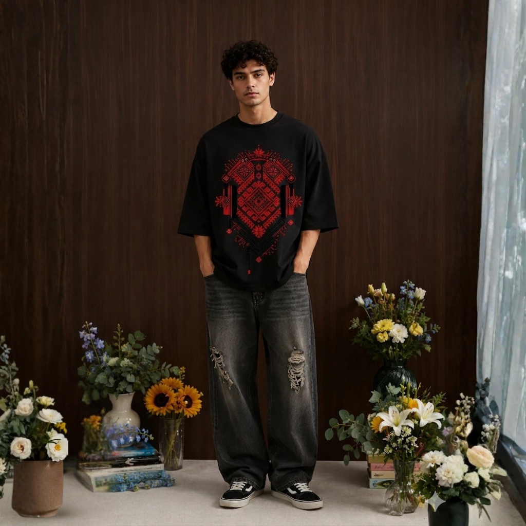 Tribal Shield Graphic Drop-Shoulder T-Shirt