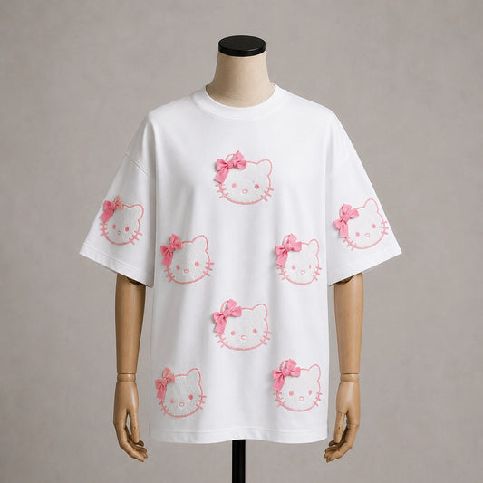 Oversized White Cute Kitty Graphic T-Shirt