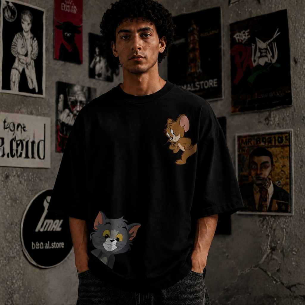 Tom & Jerry Asymmetrical Oversized T-Shirt – Black