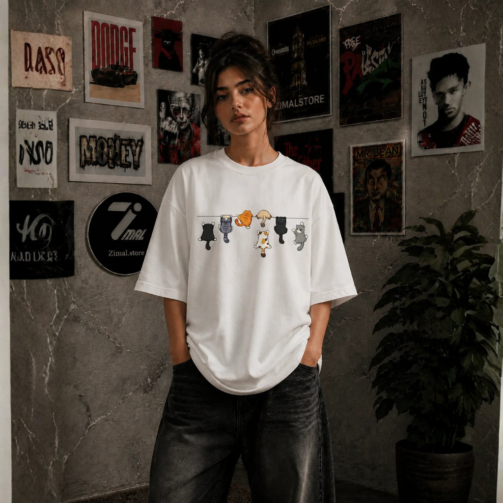 Hanging Doodle Cats Oversized T-Shirt – White