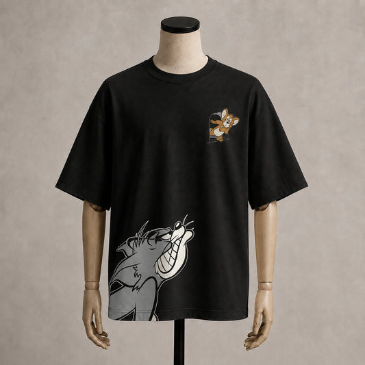 Tom & Jerry Oversized Black Graphic T-Shirt