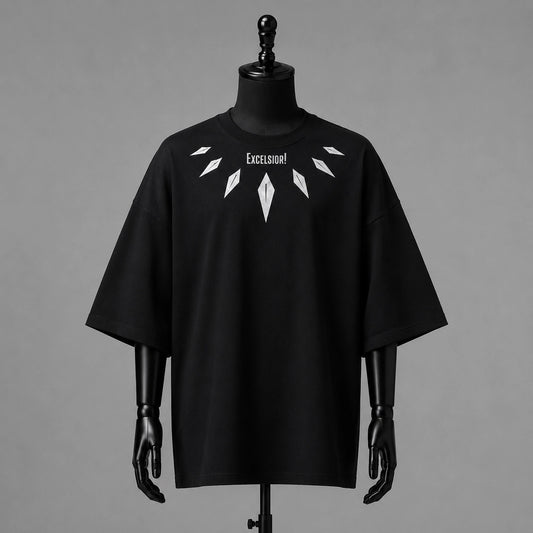 Black Panther "Excelsior!" Printed Black Oversized T-Shirt
