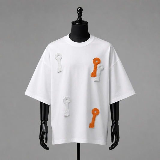 "The Key" Oversized Patchwork White T-Shirt