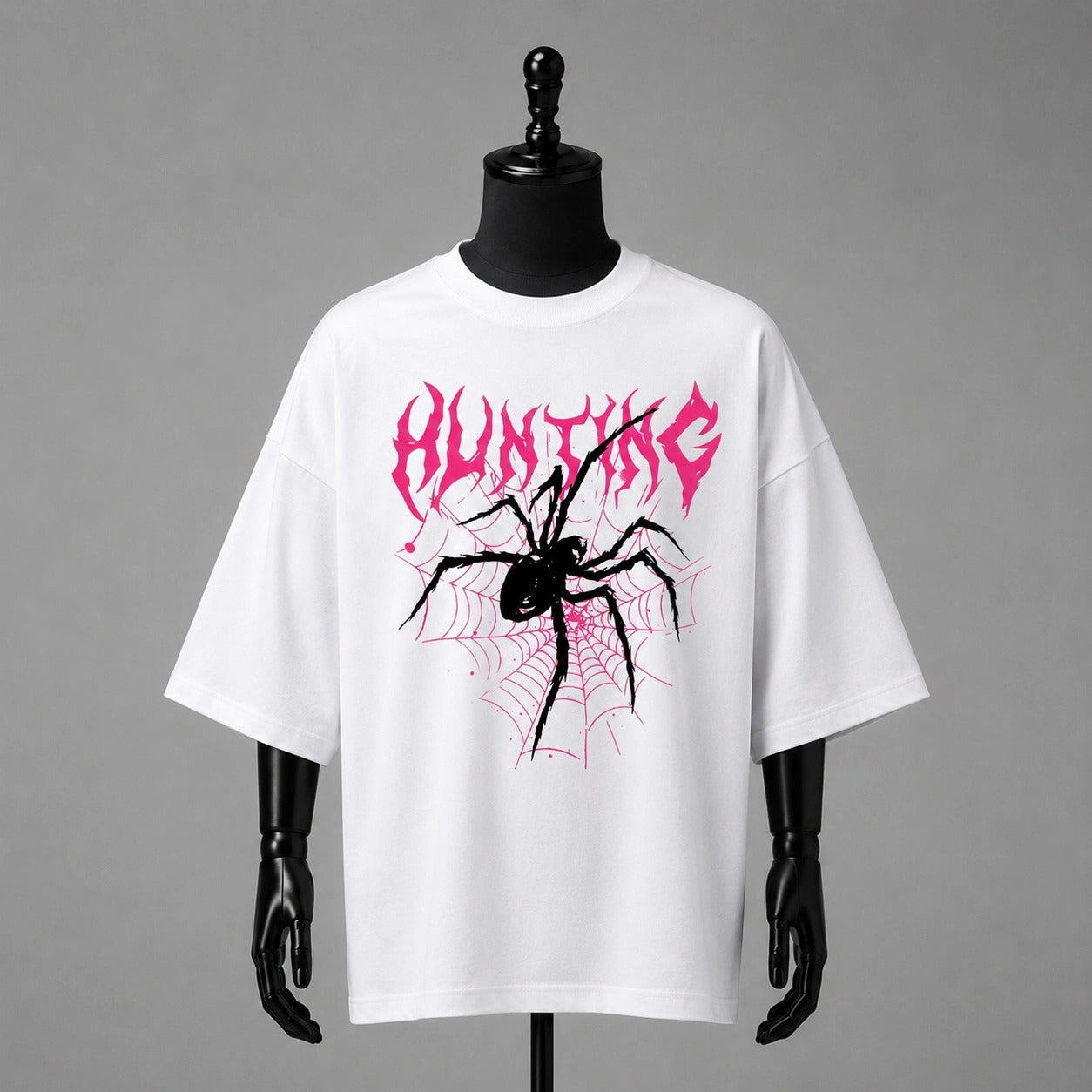 "HUNTING" Pink Cyber Web & Spider Oversized White T-Shirt