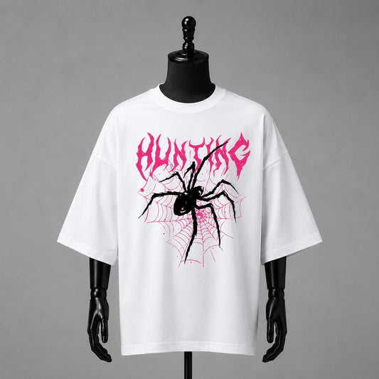 "HUNTING" Pink Cyber Web & Spider Oversized White T-Shirt