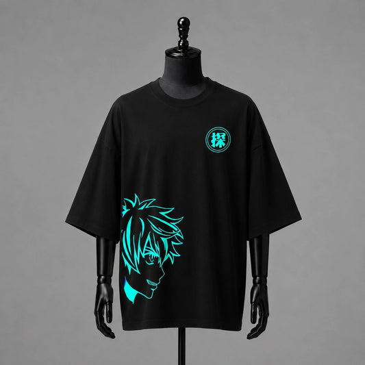 Neon Cyan Anime Graphic Oversized Black T-Shirt