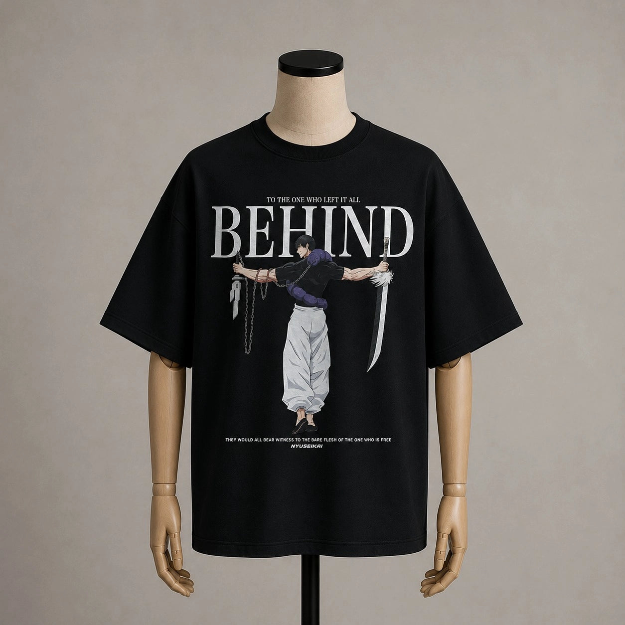 Anime Fighter "BEHIND" Quote Oversized T-Shirt in Black