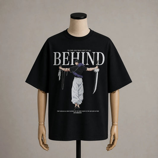 Anime Fighter "BEHIND" Quote Oversized T-Shirt in Black